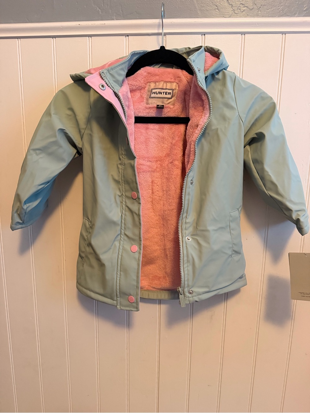 Hunter Kids' Mint Green Waterproof Jacket with Pink Fleece Lining 4T
